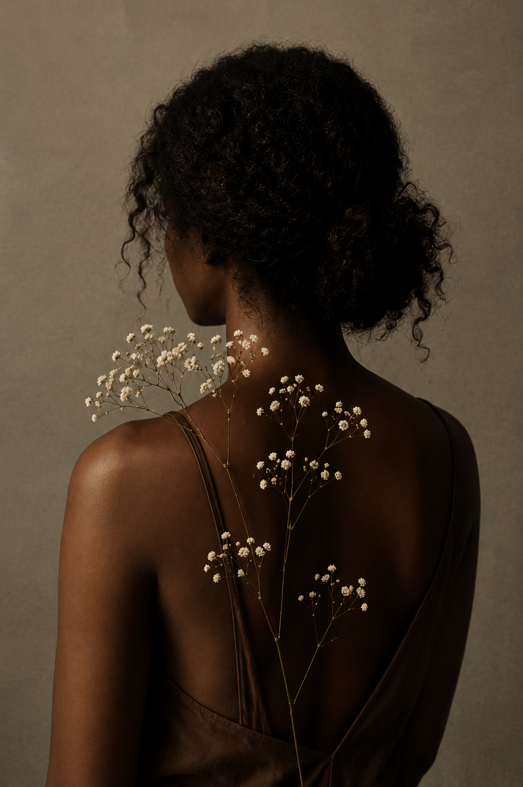 Black woman holding baby's breath flowers